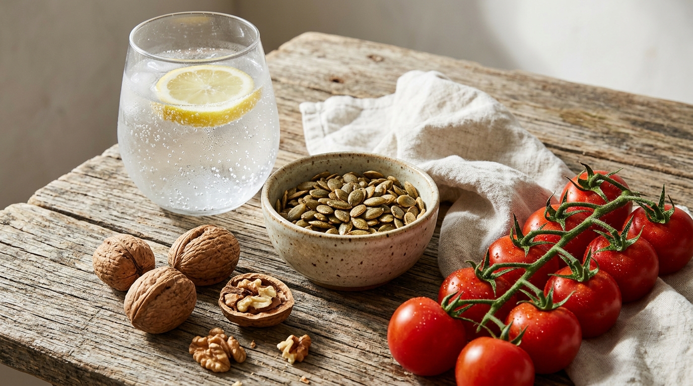 Tavola con cibi sani, acqua e semi naturali